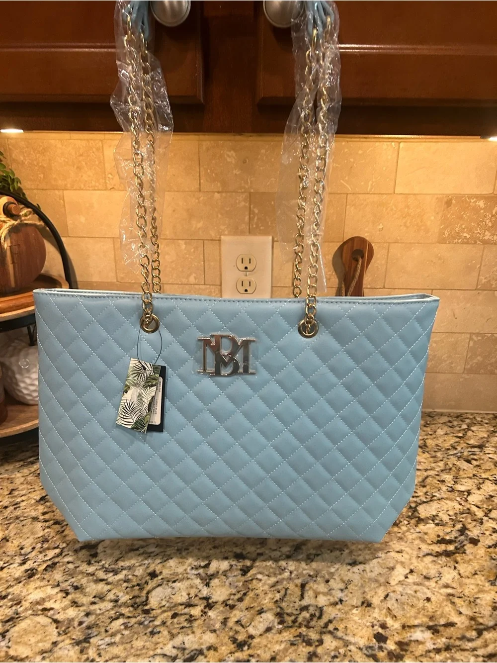 Badgley Mischka Sky Blue Quilted Large Tote, Chain Straps NWT